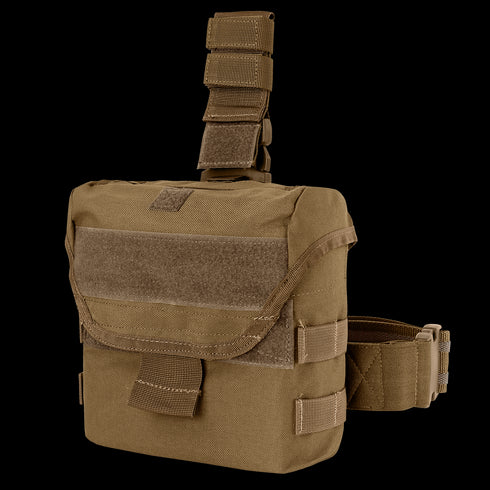 The Condor Drop Leg Dump Pouch features a flap closure, adjustable strap, and MOLLE webbing for easy attachment to gear or belts.